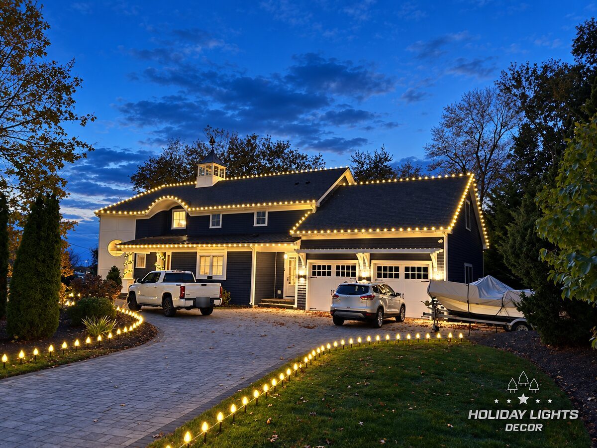 Closer driveway view showing warm white roofline lighting across the residence and garage, lighted porch greenery, and bulbs following the driveway edges.