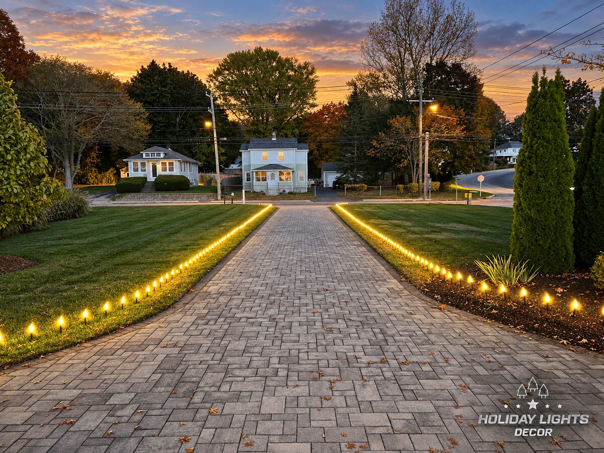 View from the residence toward the street showing evenly spaced warm white bulbs outlining both sides of the paved driveway.