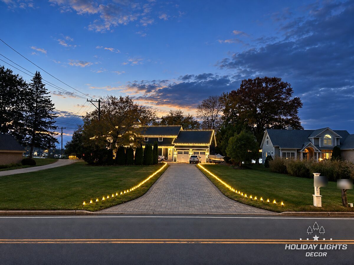 Distant street view showing the illuminated residence at the end of a long driveway outlined with warm white bulbs.