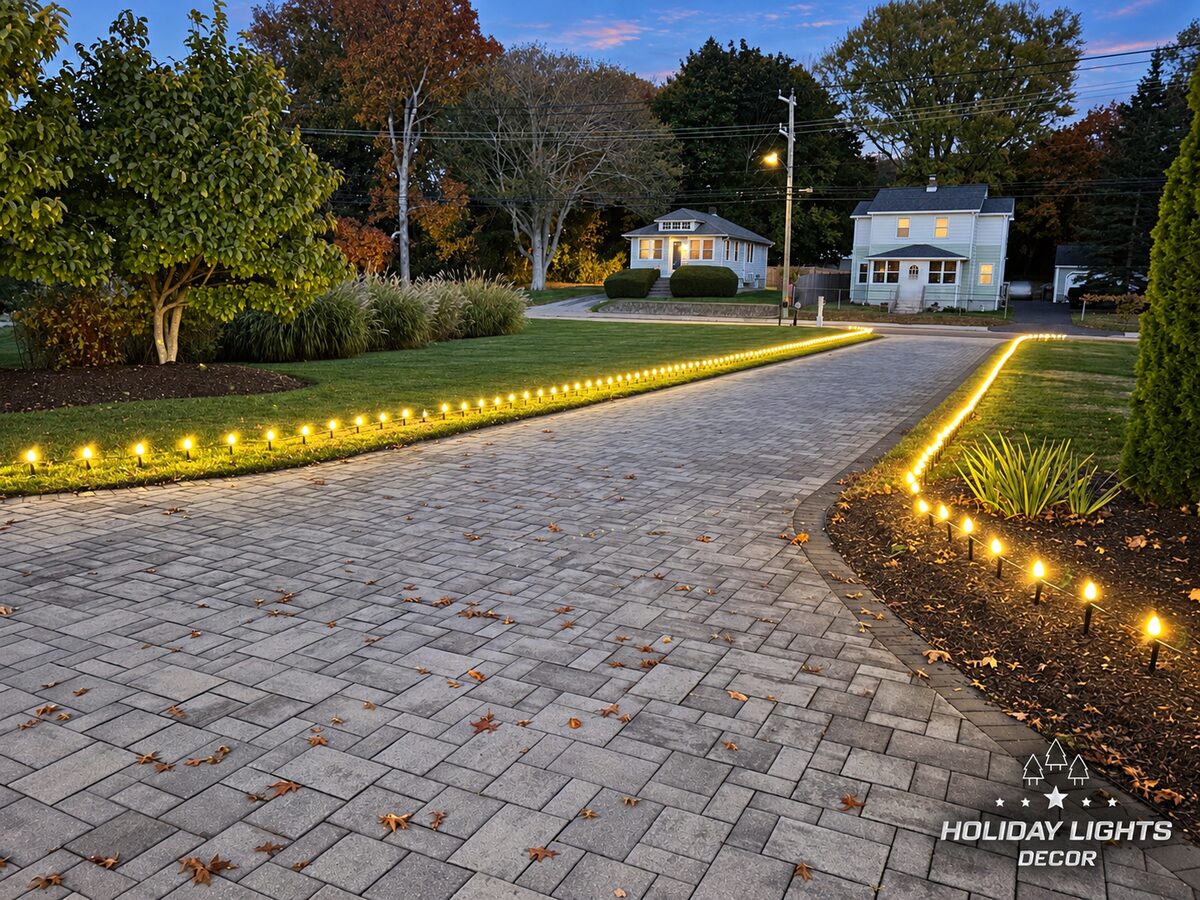 Angled view of the driveway entrance with warm white bulbs following the pavement and landscaped beds toward the road.
