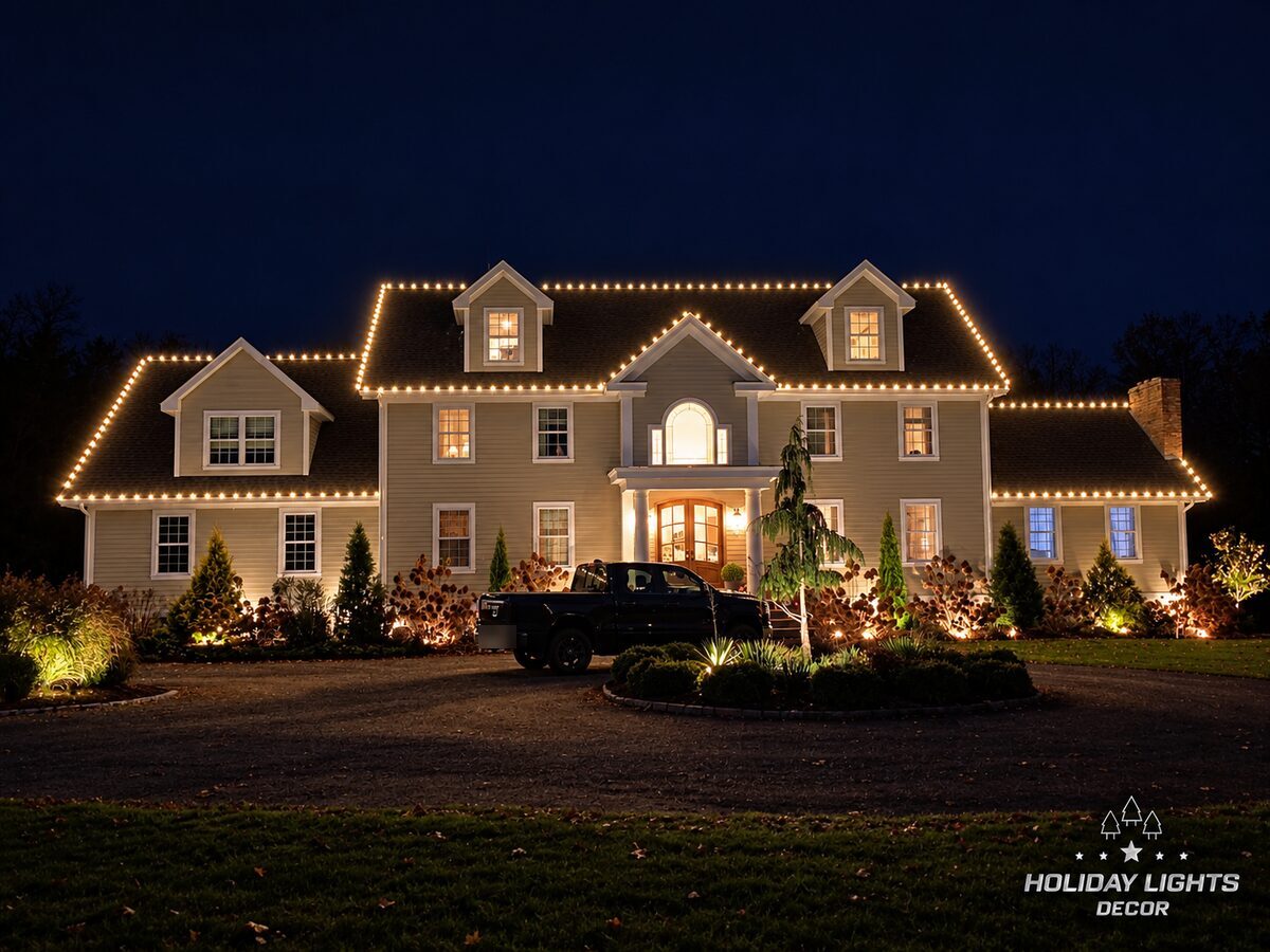 Wide frontal nighttime view of a large residence with warm white lights outlining the upper ridge, lower eaves, dormers, front gables, and both side wings.