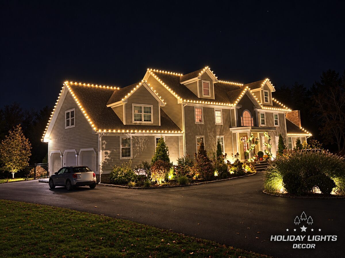 Angled nighttime view showing the warm white roofline installation across the main residence, garage wing, layered front gables, dormers, and illuminated entrance greenery.
