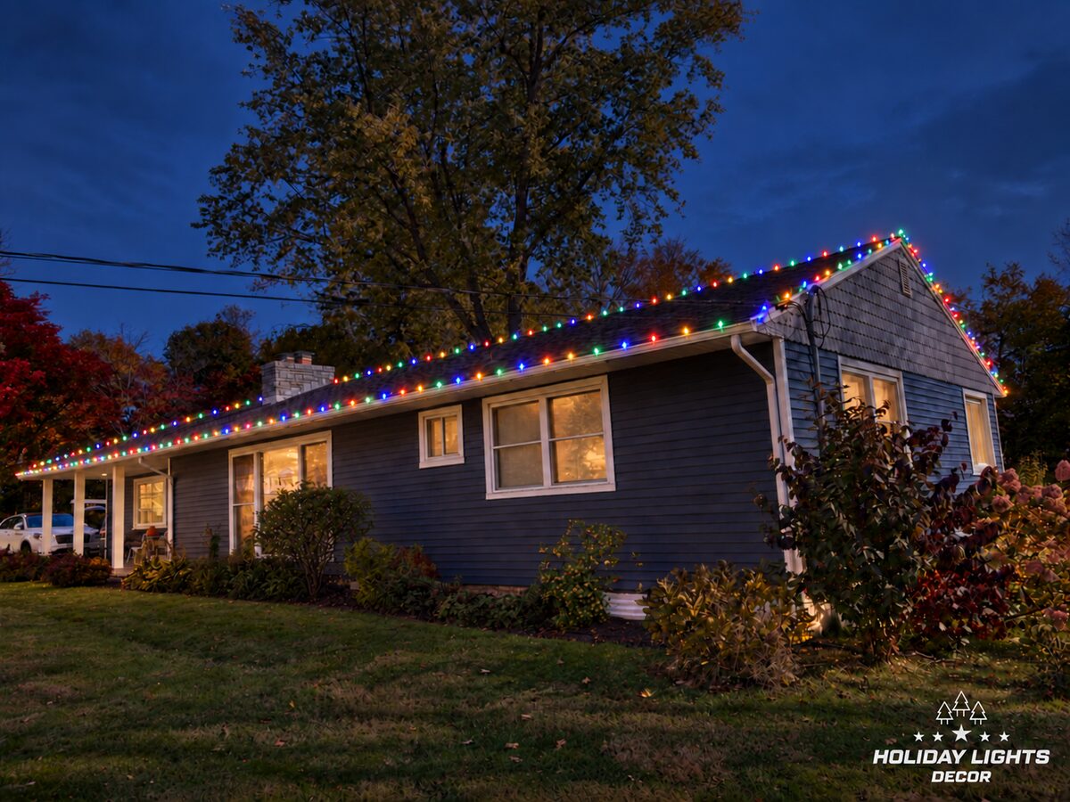 Multicolor C9 lights along the front eave, ridge and gable end of a long ranch house in Brookfield, CT at dusk