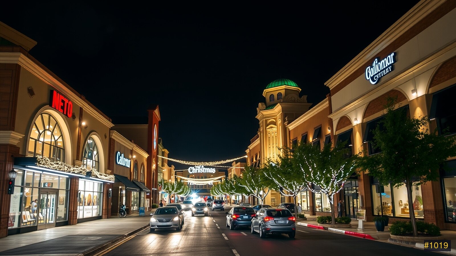 Commercial plaza decorated with Christmas lights