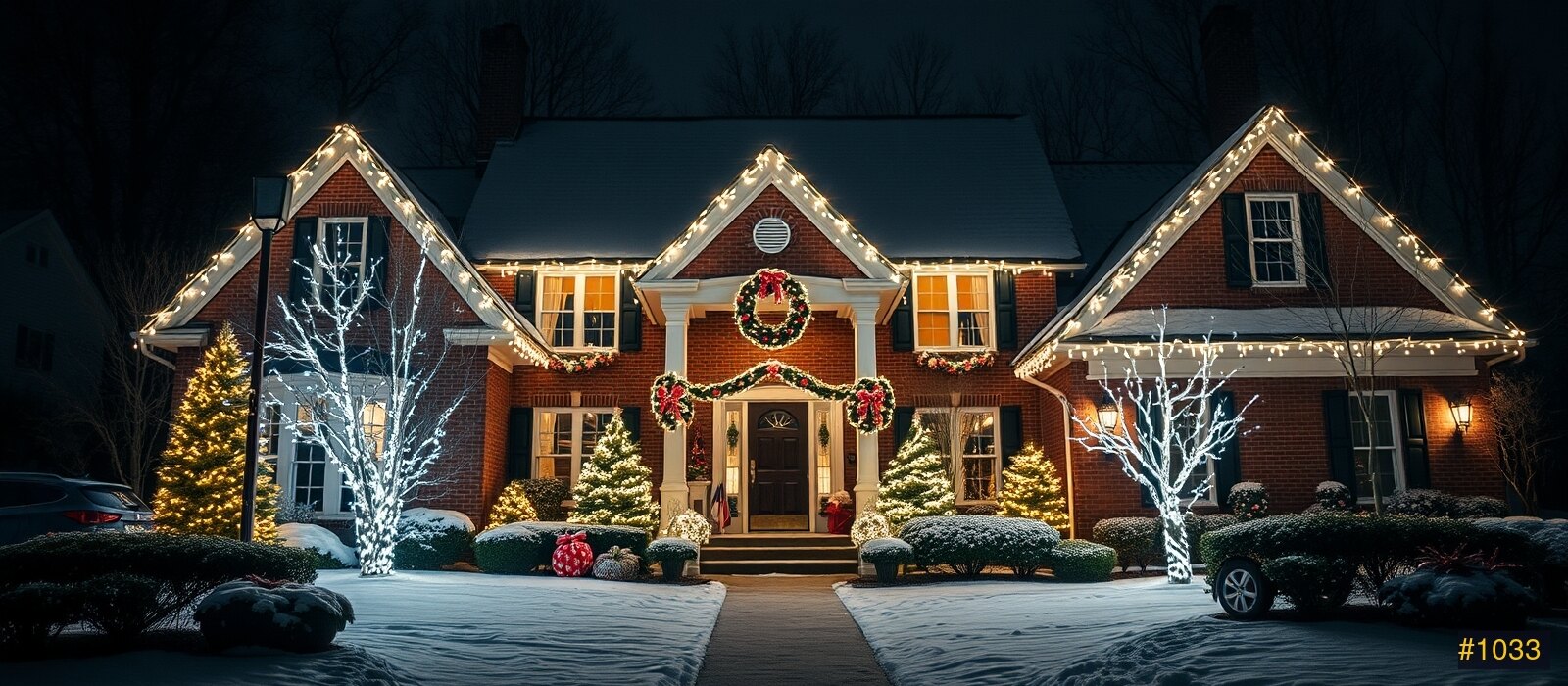Festive New Haven home at night