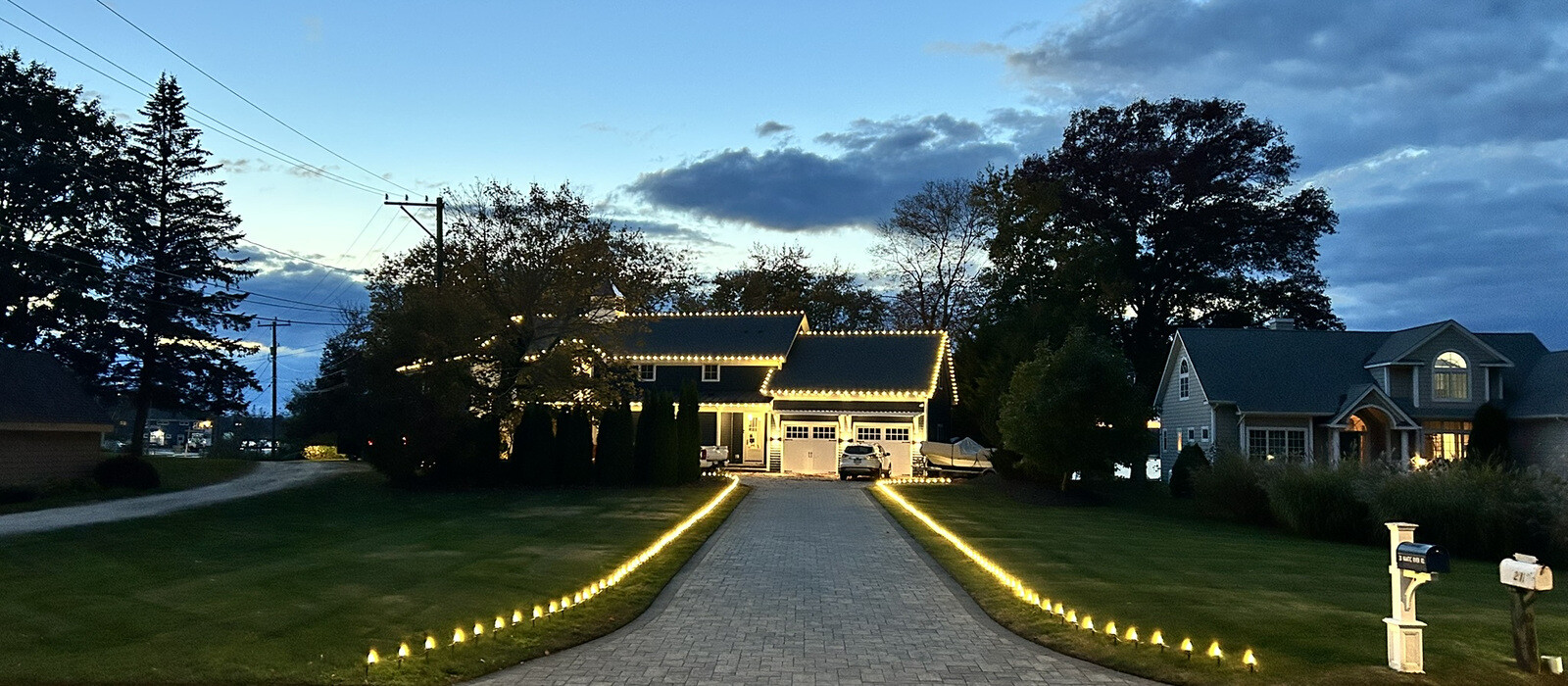 Festive Killingworth home at night